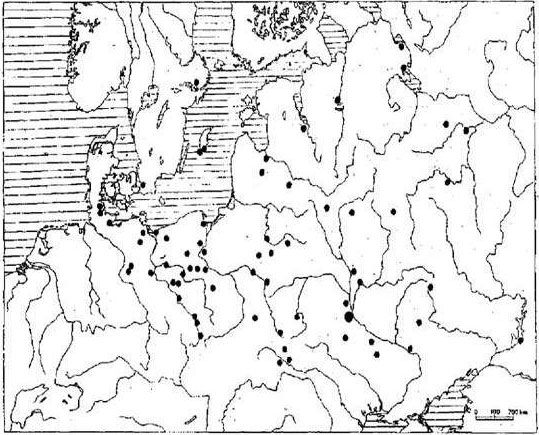 Keramikinių kiaušinių paplitimas. Iš: Седов 1998)